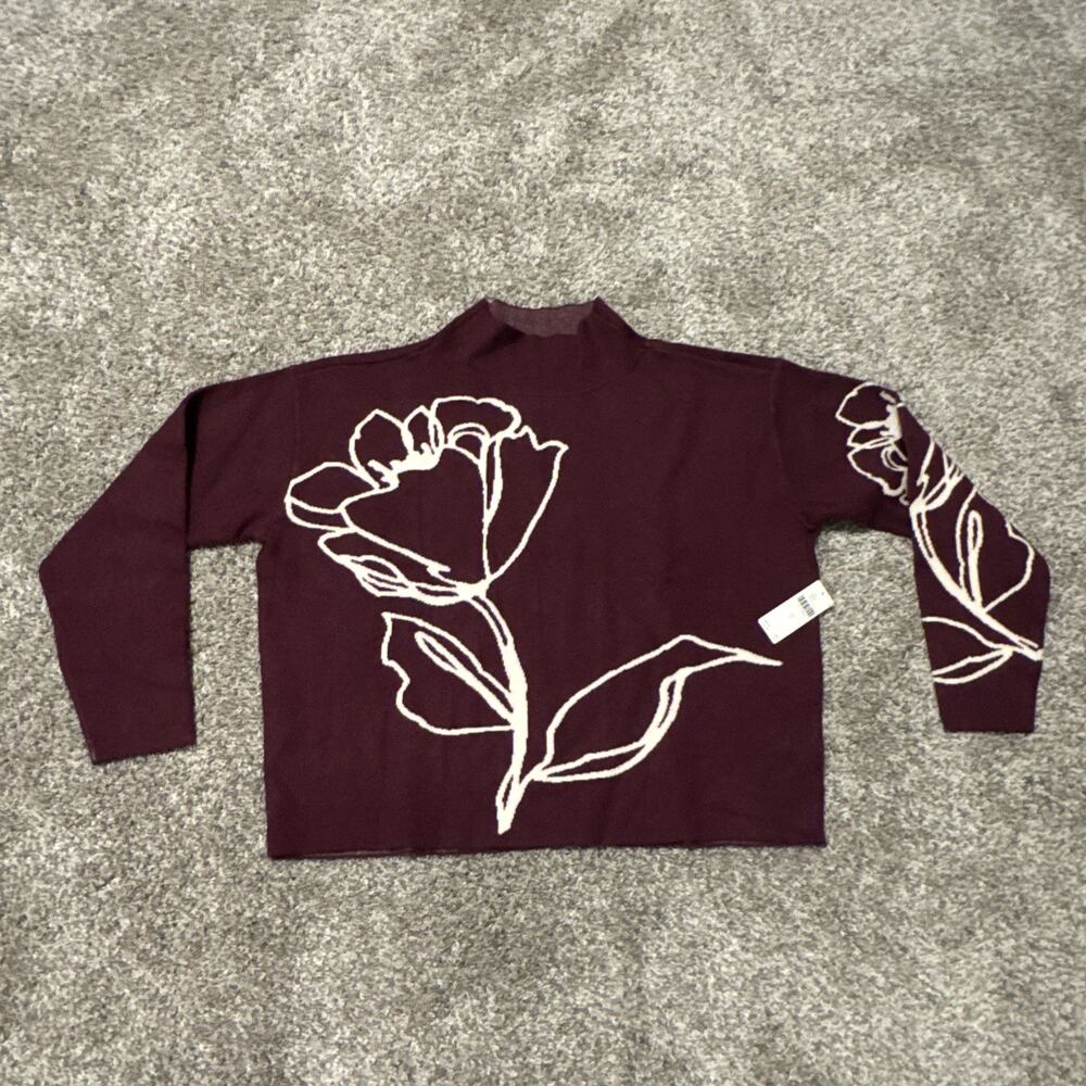NWT ANTHROPOLOGIE MAEVE sz S Carys Mock-Neck sweater in Burgundy Rose Floral